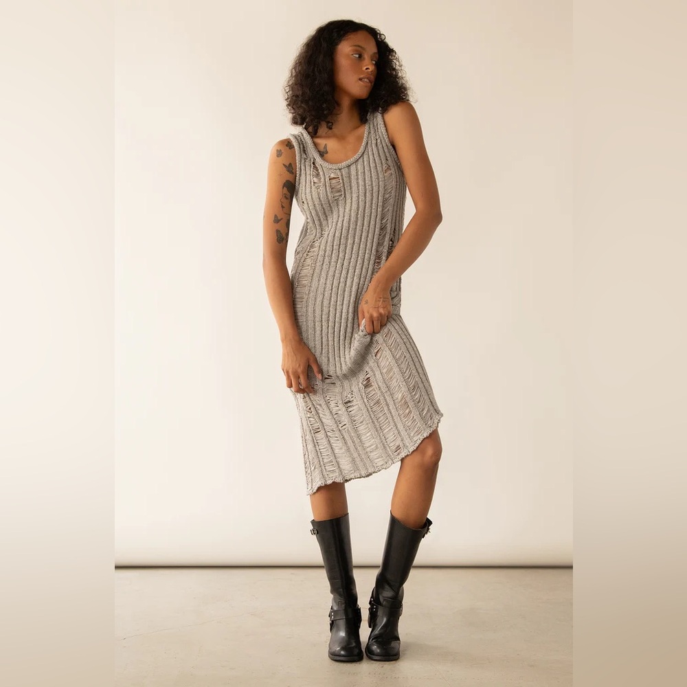 Oak + Fort Sleeveless Rib-Knit Distressed Midi Dress